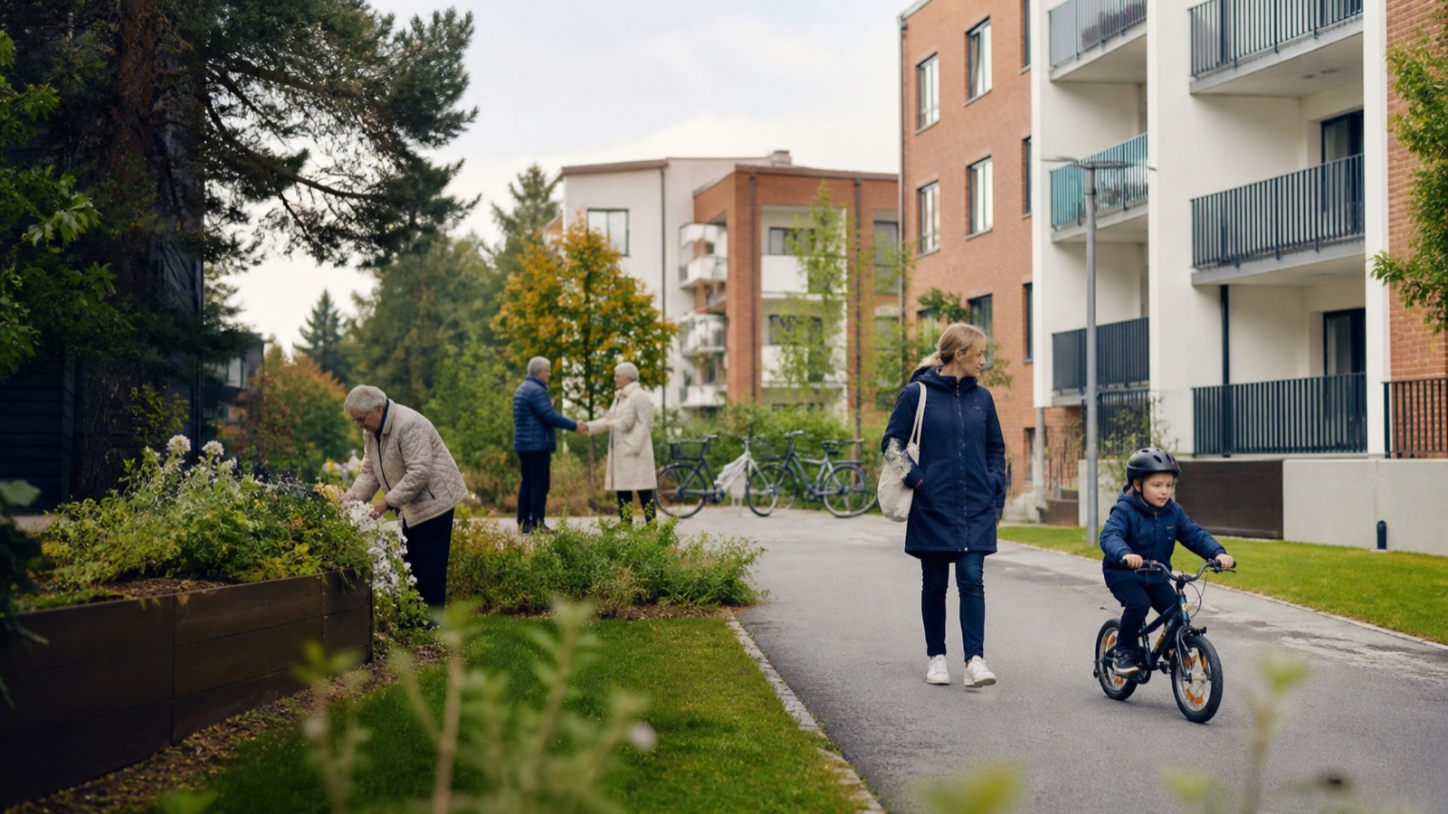 Eri-ikäiset asukkaat viettävät tavallista arkea taloyhtiön yhteisellä pihalla