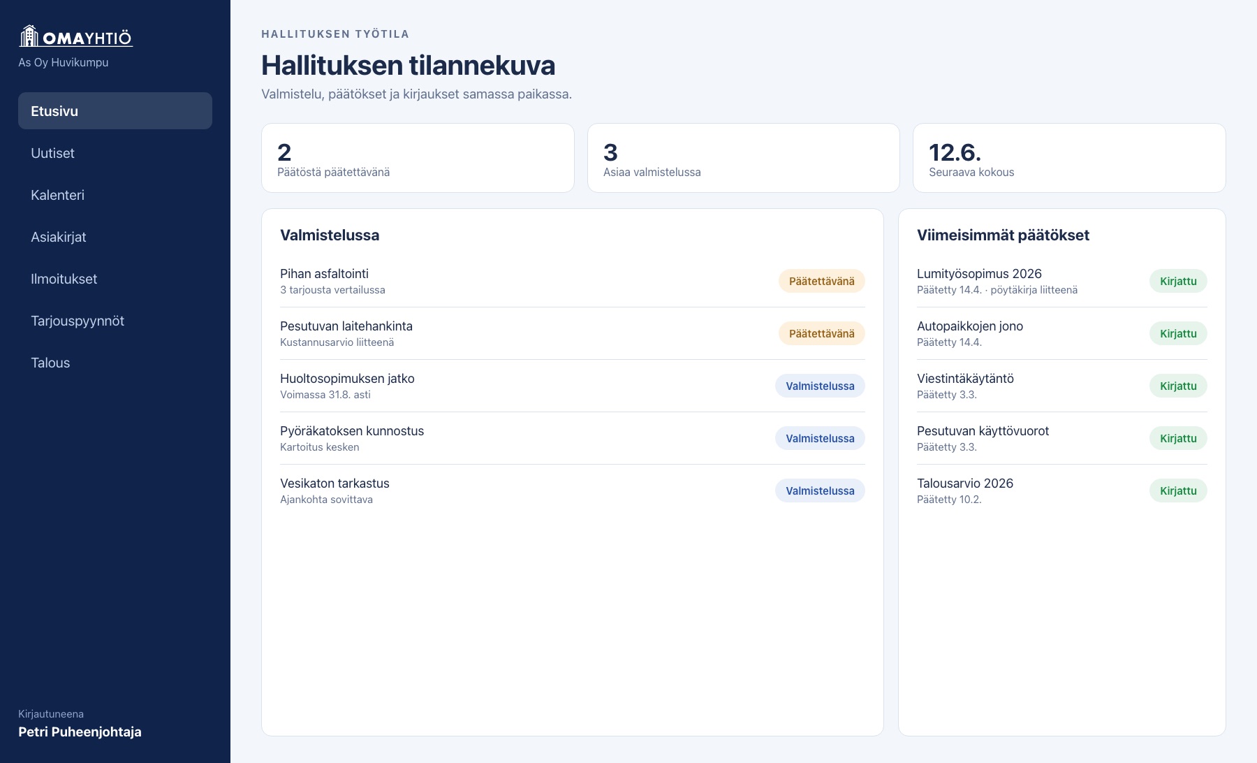 Hallituksen työtila, jossa valmistelussa olevat asiat ja aiemmin kirjatut päätökset rinnakkain